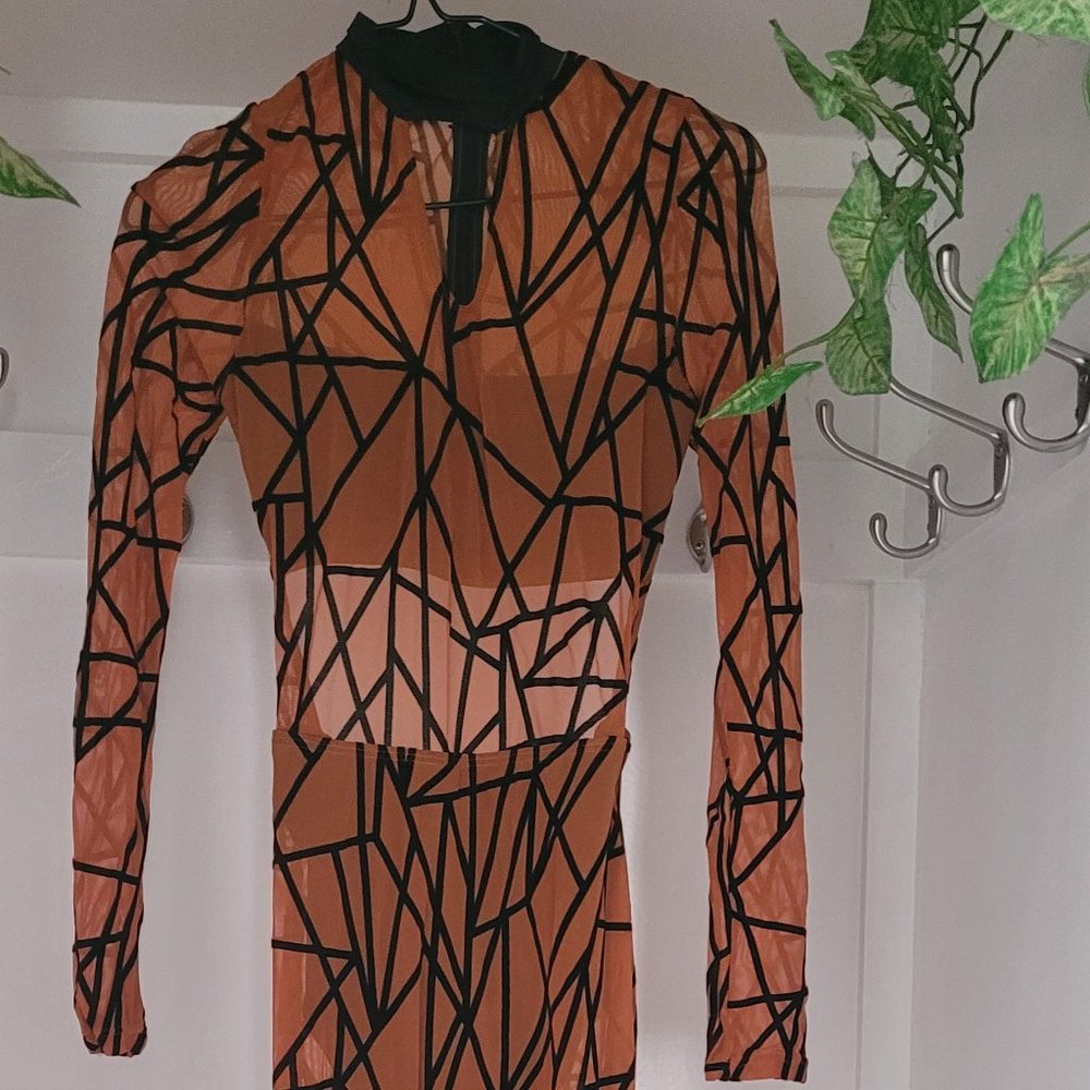 Flocked power mesh long sleeve unitard